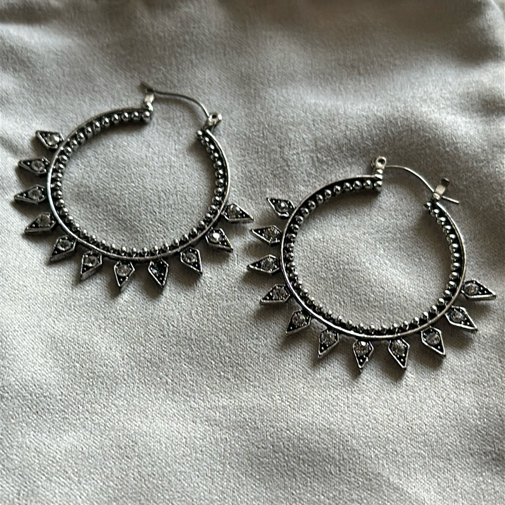 Silver Tone Spiked Hoop Earrings - Picture 2 of 4